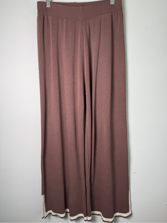 Pants - Brown Ribbed Knit Wide Leg Pants Cream Stripe Hem Side Slit Sz S